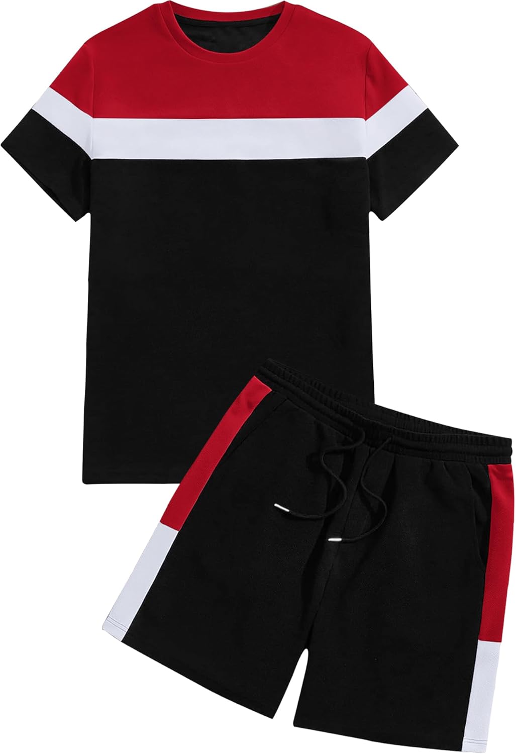 Men Short Sleeve Colorblock T Shirt & Shorts Sweatsuit Set Summer 2 Piece Outfits Casual Athletic Sports Tracksuit