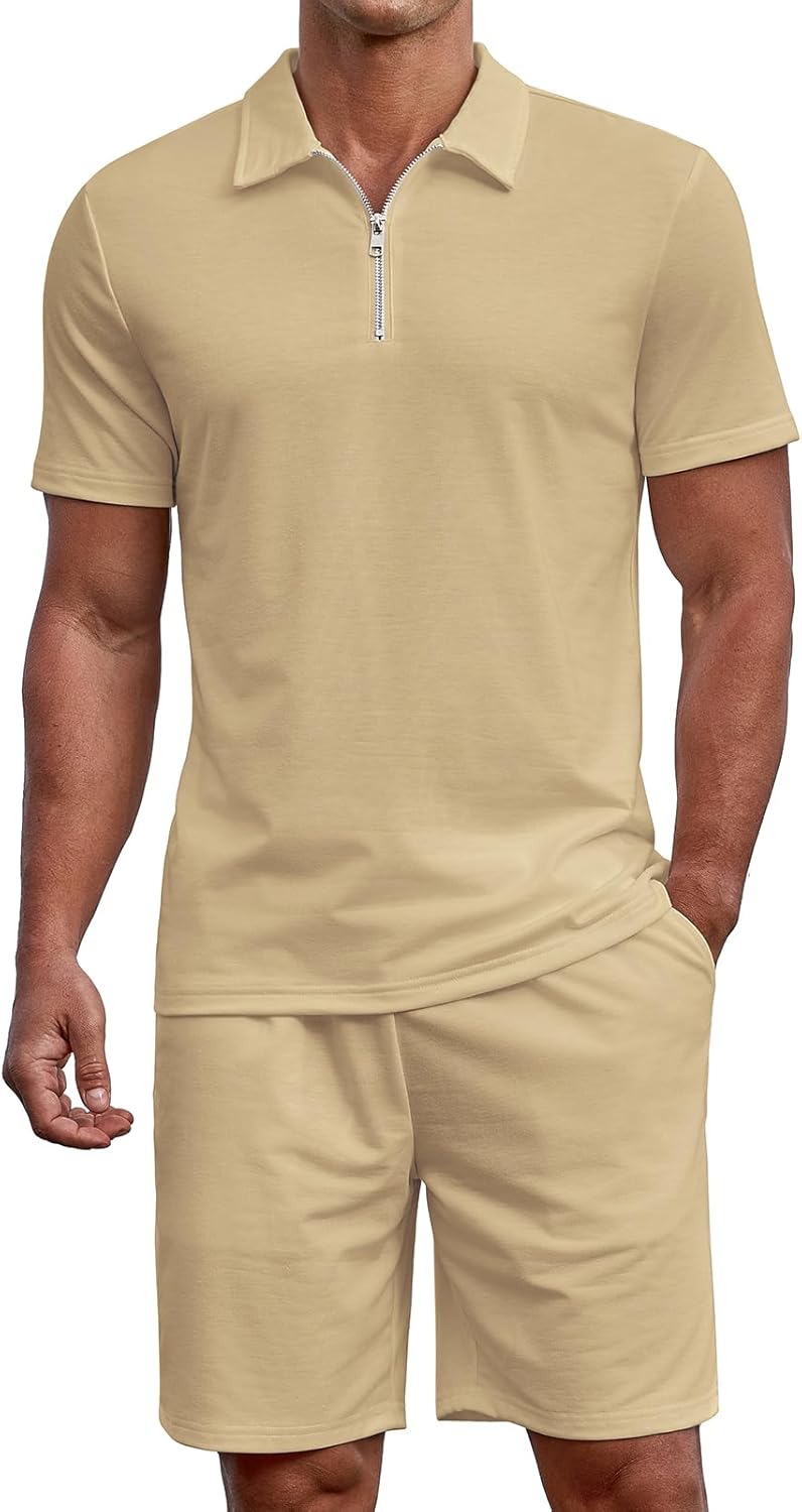 Men Summer Track Suits 2 Piece Shorts Sets Short Sleeve Sweatsuit Outfits Zip Golf Casual Polo Shirts and Shorts