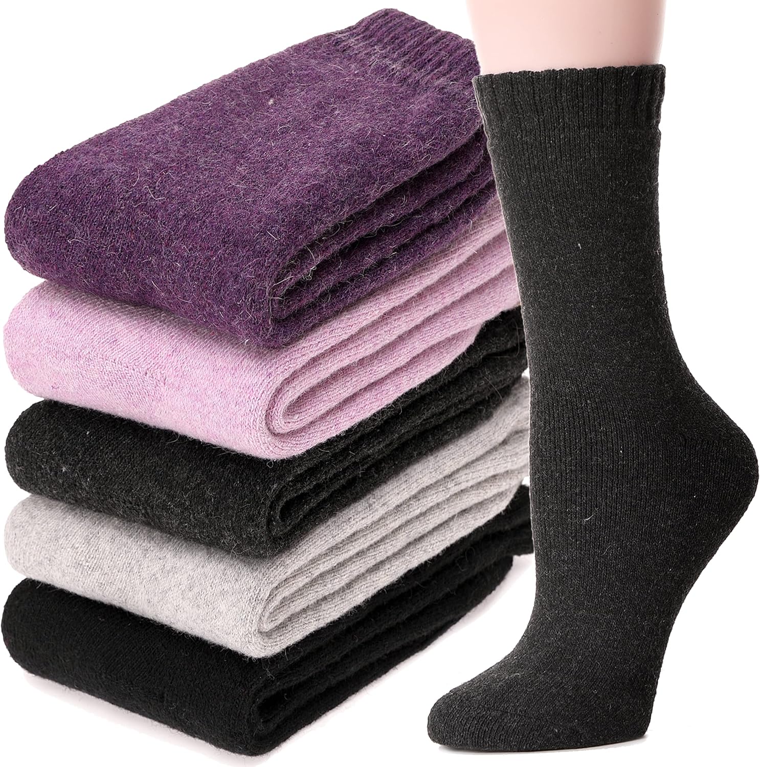 5 Pairs Womens Merino Wool Socks Hiking Warm Winter Thick Thermal Crew Cozy Cabin Ladies Gift Comfy Boot Work Socks